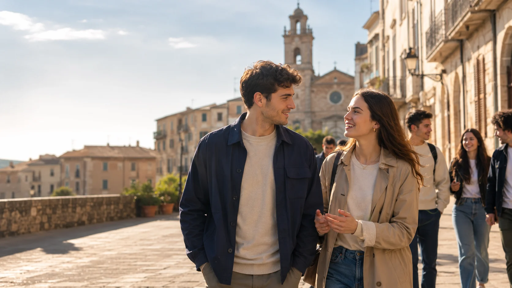 Jóvenes conversando en una ciudad al atardecer
